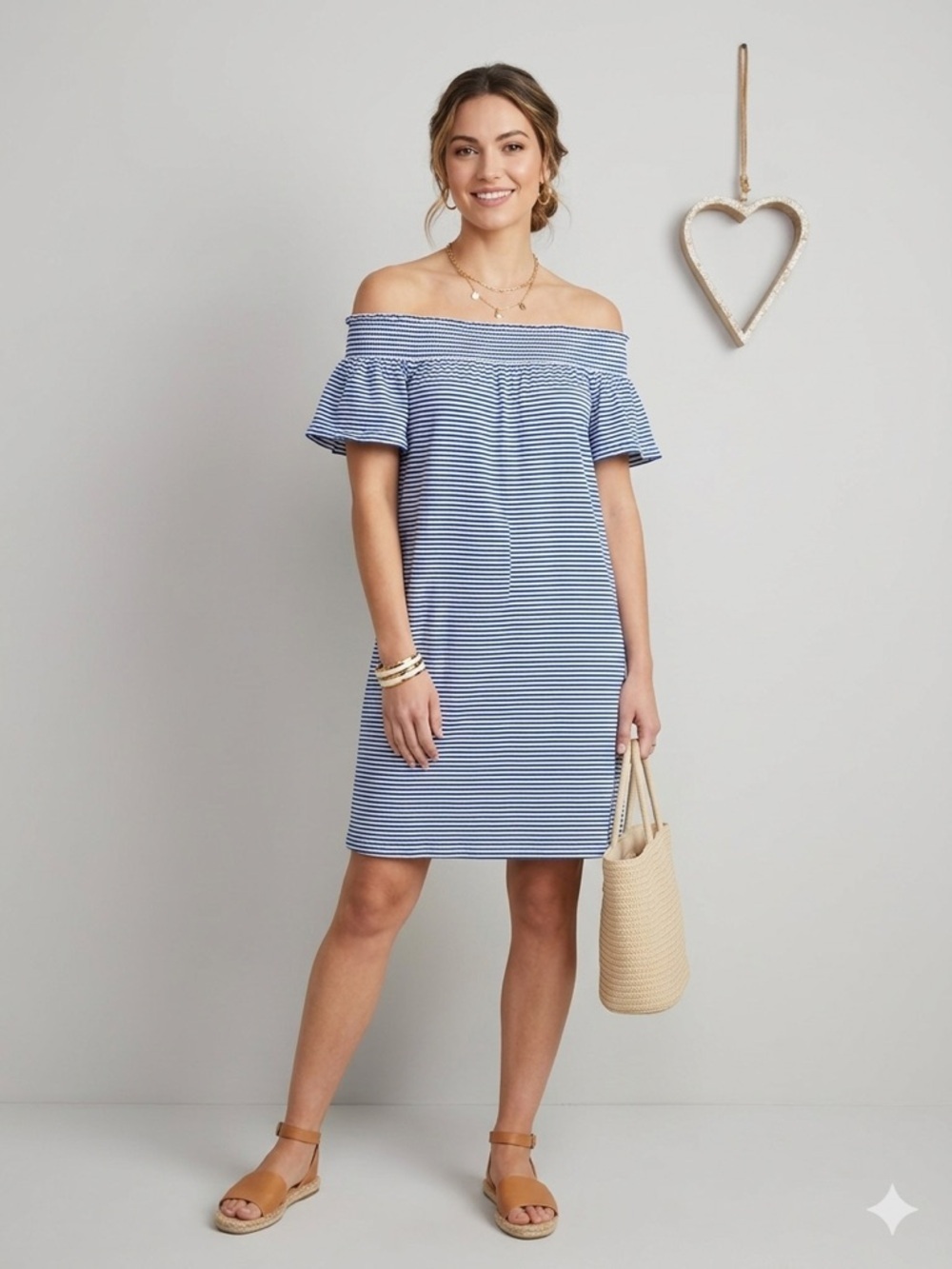 Vineyard Vines Blue White Striped Off Shoulder Dress Smocked Ruffle Neckline XS
